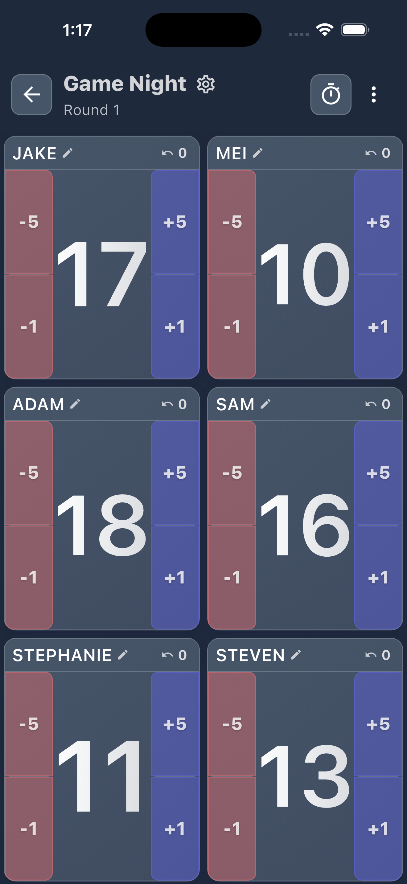 Score Keeper 6-player game screen