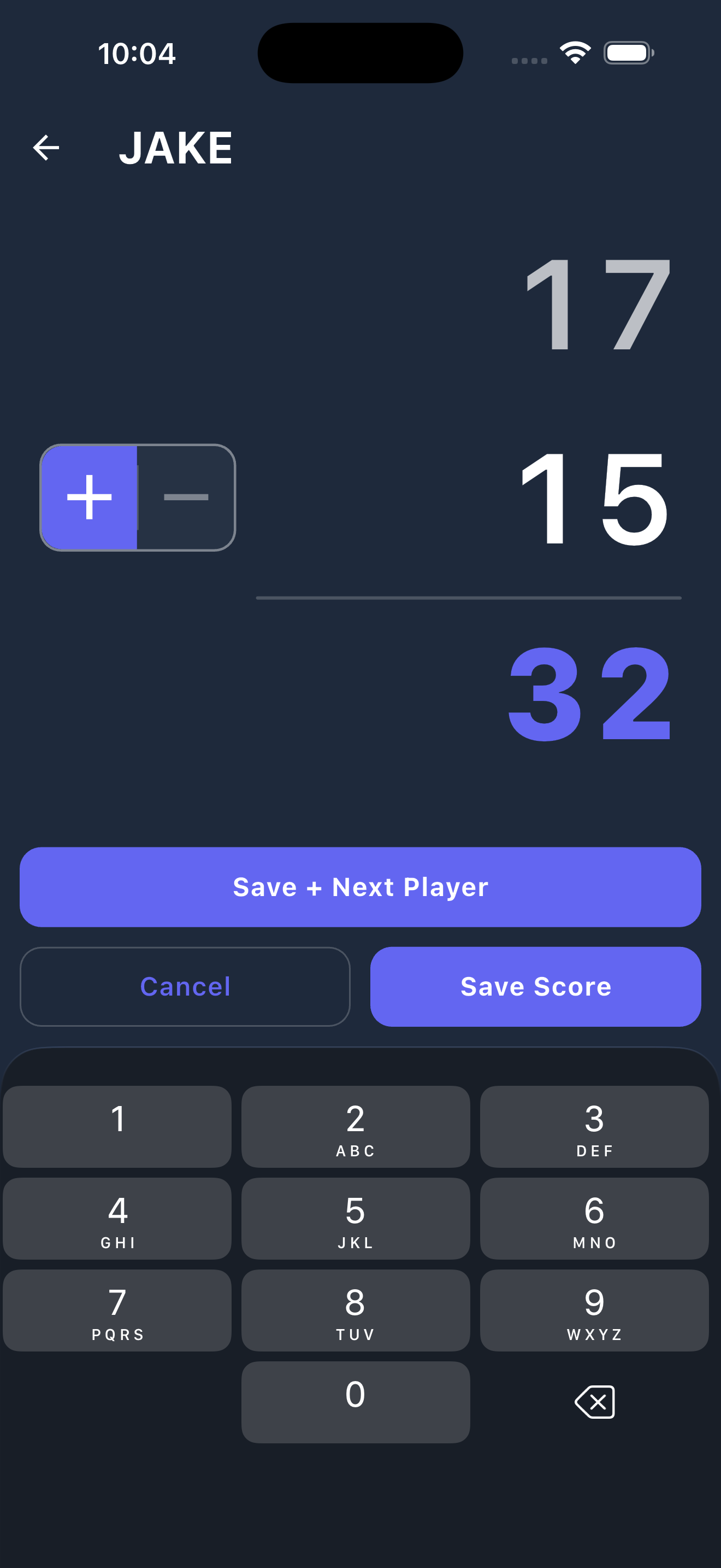 Score entry numpad screen