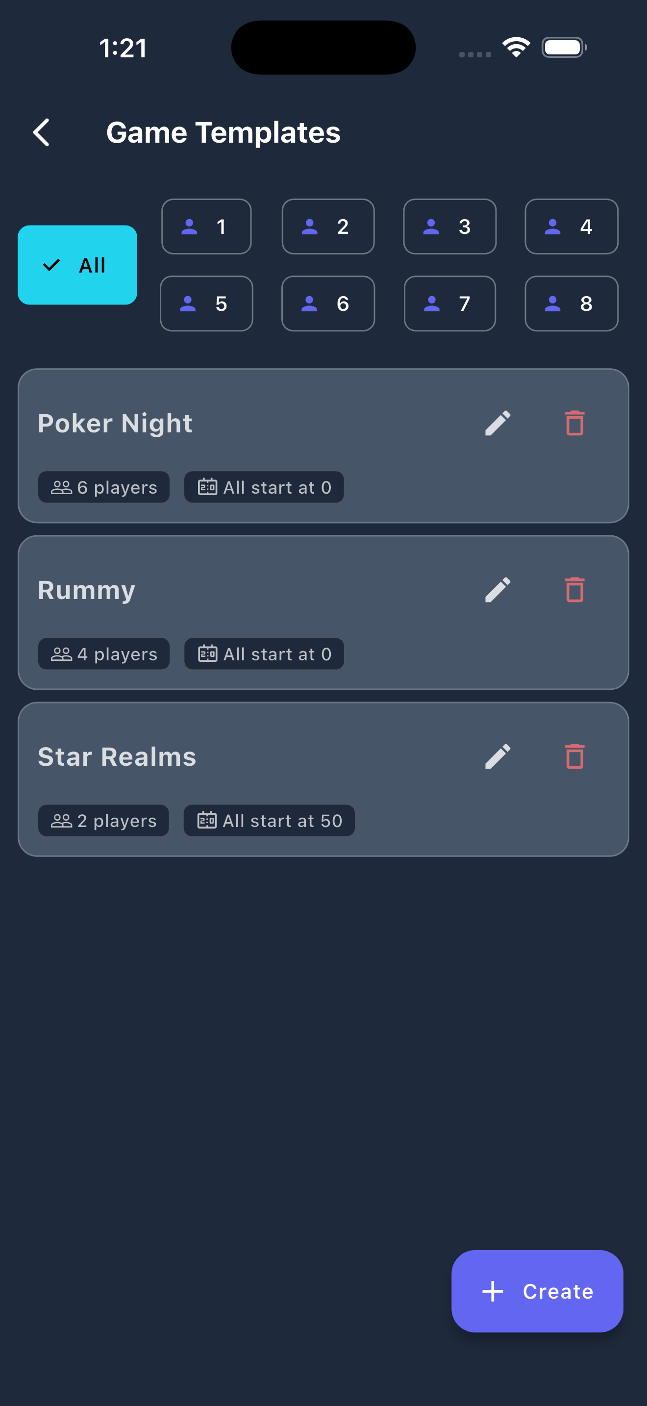 Game templates screen